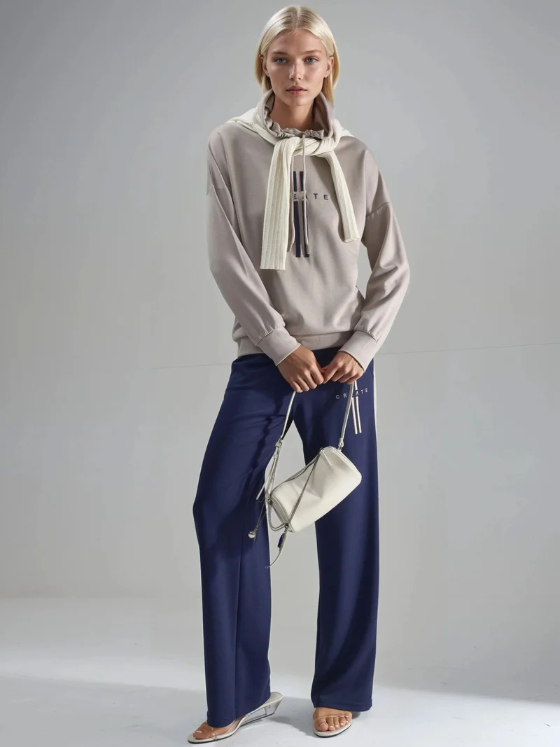 Hiccup Tan Natural Modal Touch Hooded Sweatshirt & Stripe Detailed Pants Set Bersan Collection for Women | Best Price UAE